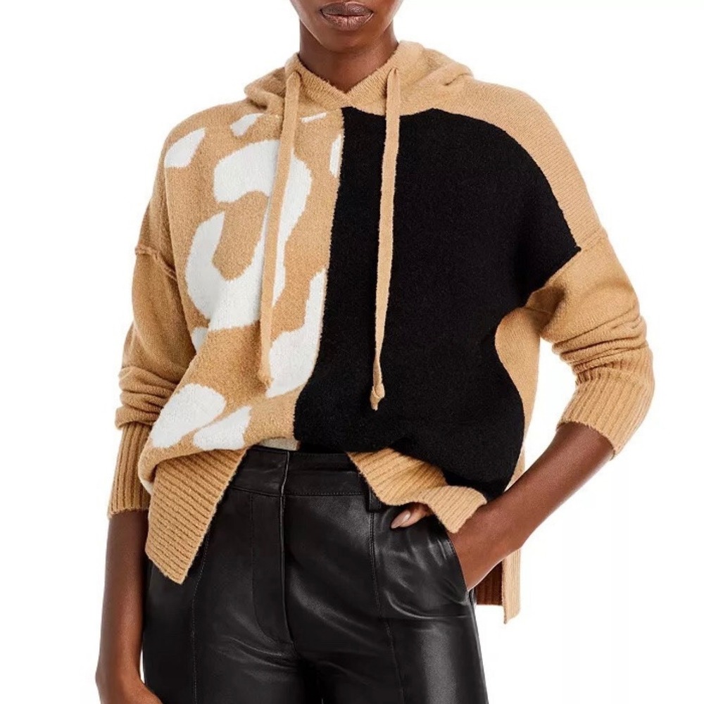 Split Front Black Cheetah Tan Cream Hooded Oversized Sweater XS Cropped